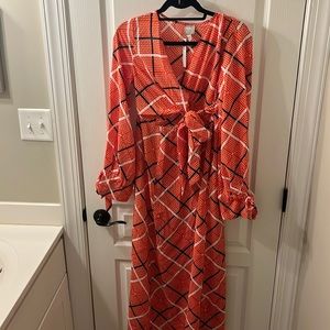 ASOS maternity, US size 4, wrap dress, orange white and navy print.